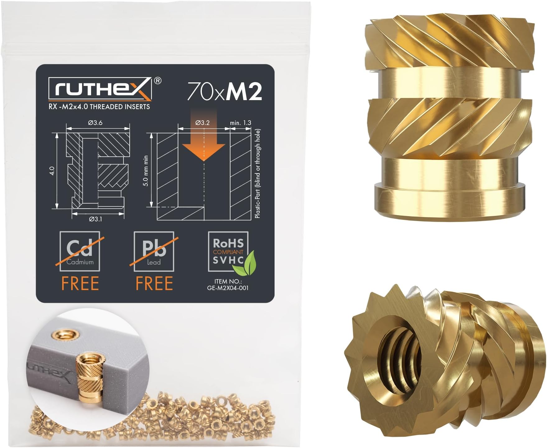 ruthex M2 Threaded Inserts - 70 Pieces RX-M2x4 Brass Heat Set Insert for Plastic Parts - Metric knurled Nuts - Insert by Heat into 3D Printing Components