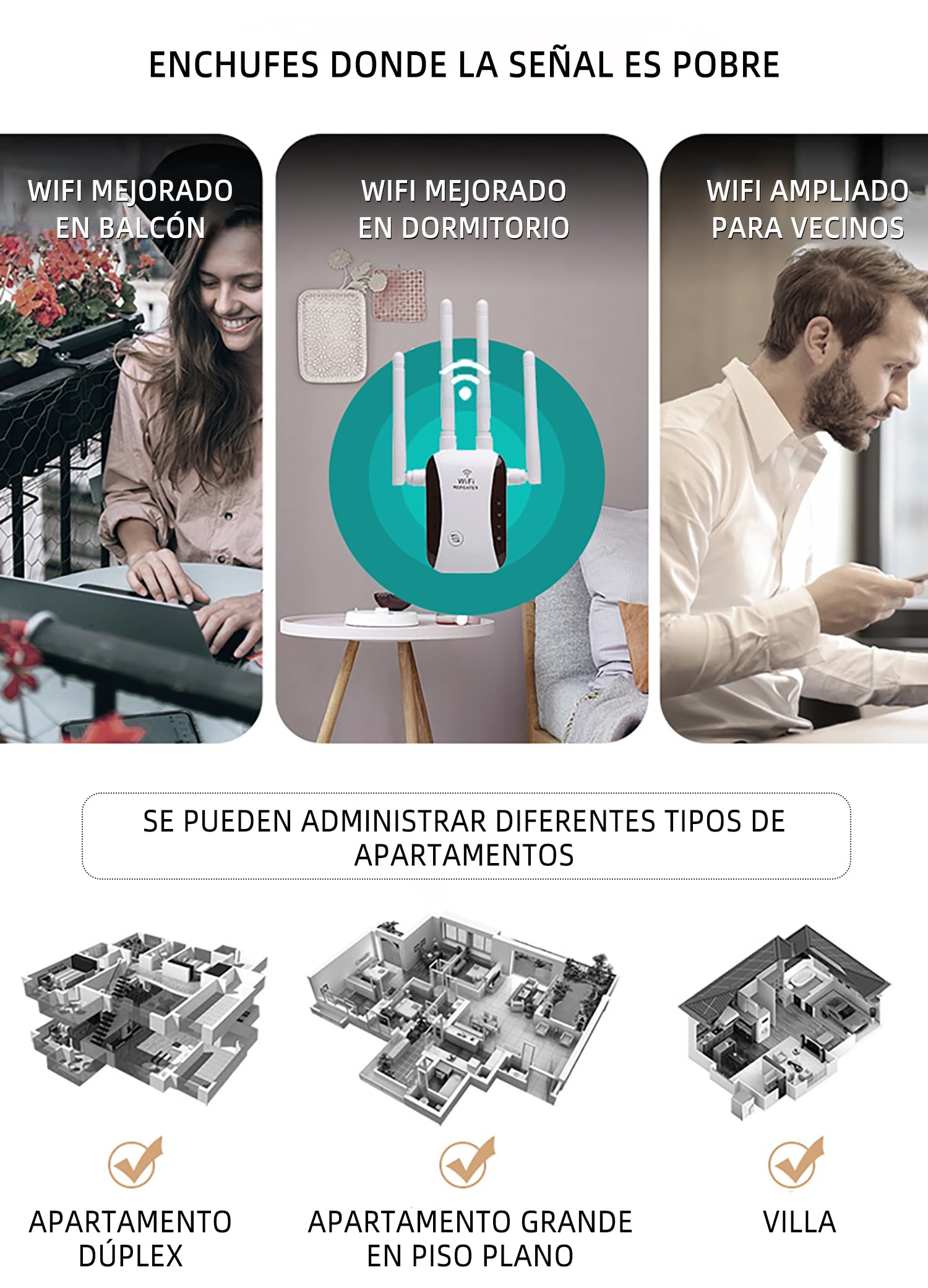 Repetidor WiFi, Amplificador señal WiFi,4 Antenas Externas, Amplificador WiFi 2.4GHz con Repertidor/Ap Modo y la función WPS,1 Puerto Ethernet, Facil de Instalar,Compatible with All WiFi Devices