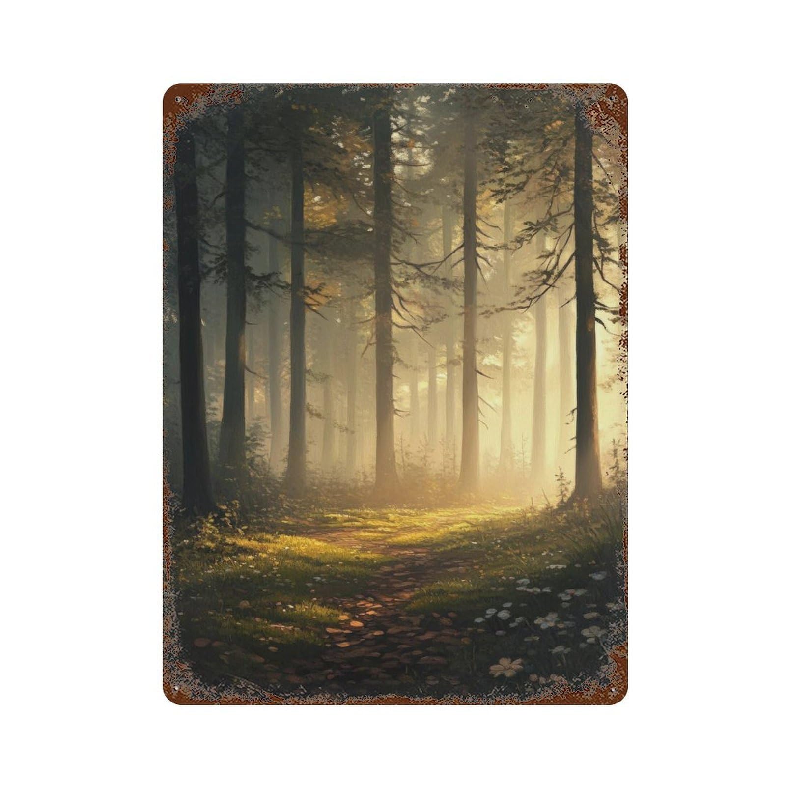 Foggy Woodland Cottagecore Decor Dark Academia Enchanted Landscape Illustration Vintage Nature Rustic Aesthetic Wall Decor Art Metal Tin Poster Modern Home Decor Art Home Bar Shop Decorations Vintage