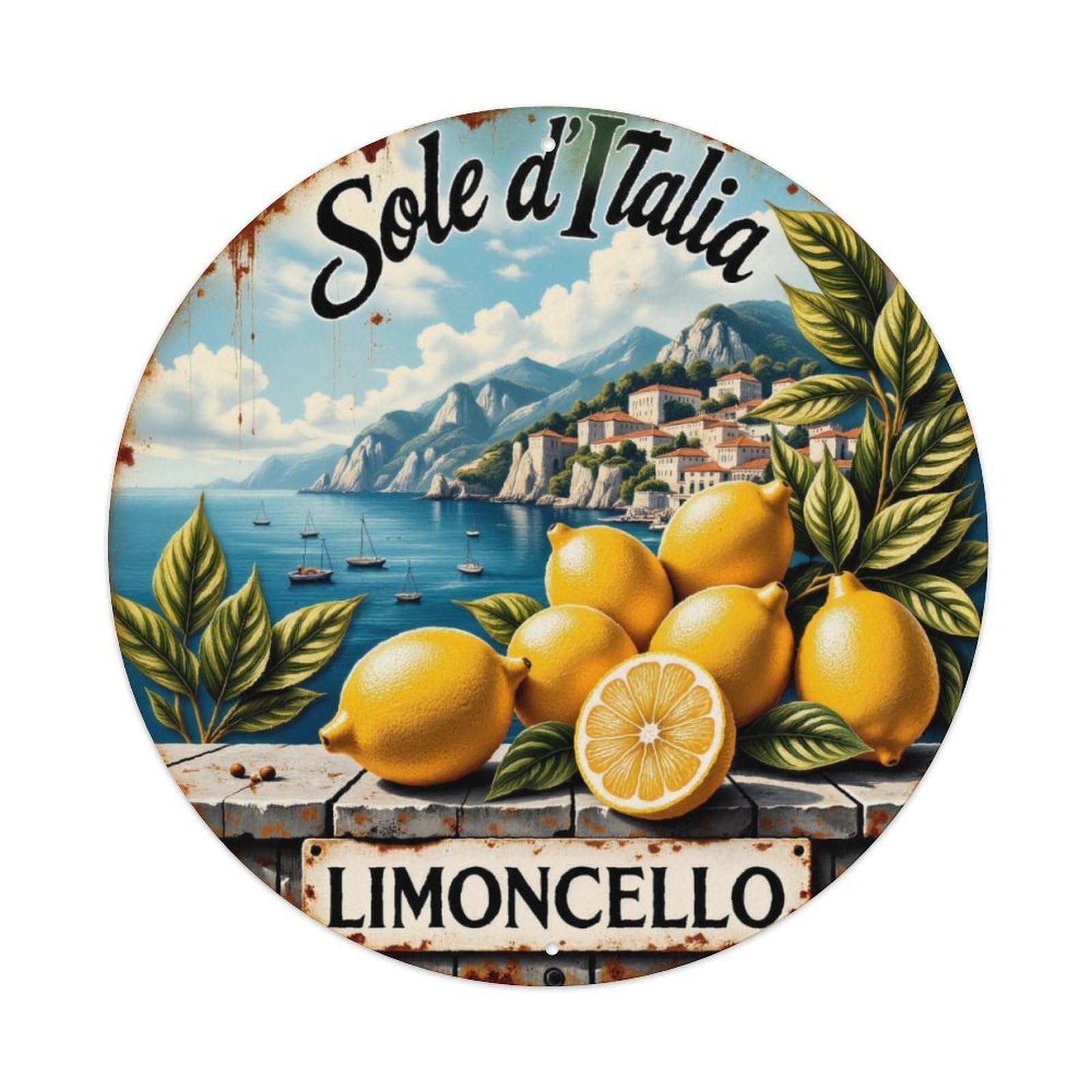 Italian Coast Limoncello Lemon Scenery Round Decor Sign Vintage Aluminium Metal Sign, Retro Wall Decor for Home, Bar, Garage & Farmhouse 20x20cm