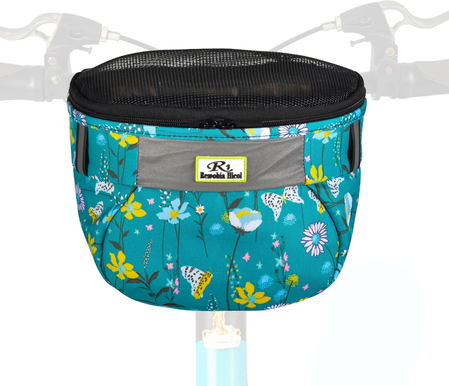 Remobia Hicol Kids Bike Basket,Durable Front Frame Bicycle & Scooter Basket Bag,Waterproof Fabric Bicycle Handlebar Bag for Boys, Girls, Toddlers with Zipper Mesh Lip (Light Blue Flower)