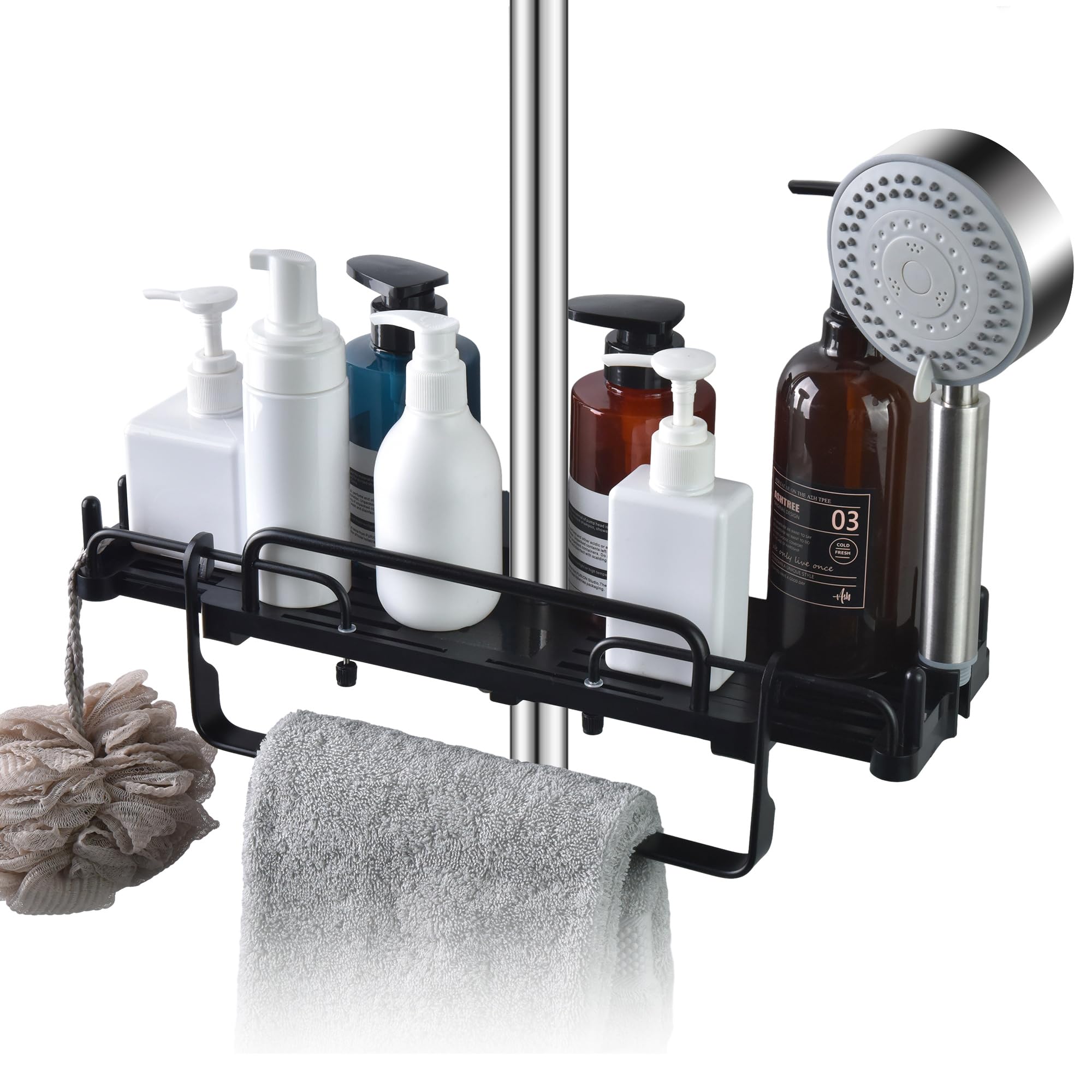 Lolypot Mensola per Doccia Senza Foratura, telescopica, 32-48 cm, Asta Doccia con Porta Asciugamani, per Il Bagno, per la Doccia, per Asta Doccia da 18mm a 25mm (Nero)
