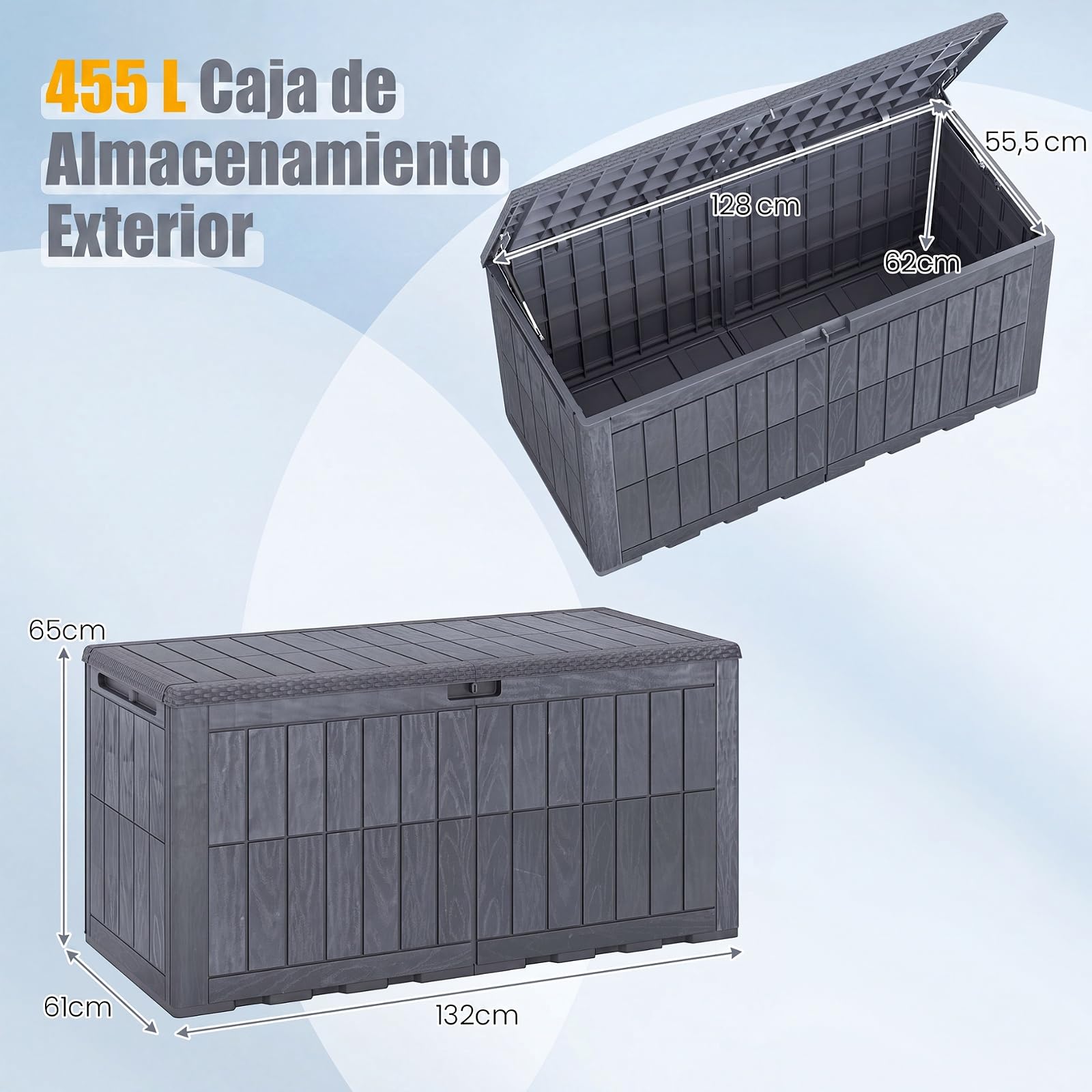 COSTWAY Arcón Exterior Capacidad 380/455/680 L, Baúl Almacenaje con Tapa, Asas Laterales y Diseño Bloqueable, Banco y Mueble de Jardín para Herramientas y Artículos (Gris,132x61x65 cm)