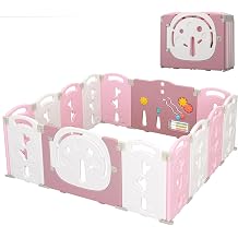 Foldable Baby Playpen, Portable Play Yard for Babies and Toddlers with Safety Lock Gate & Game Panel, Adjustable Indoor Outdoor Play Pen, Activity Play Center, 14-Panel, Pink White