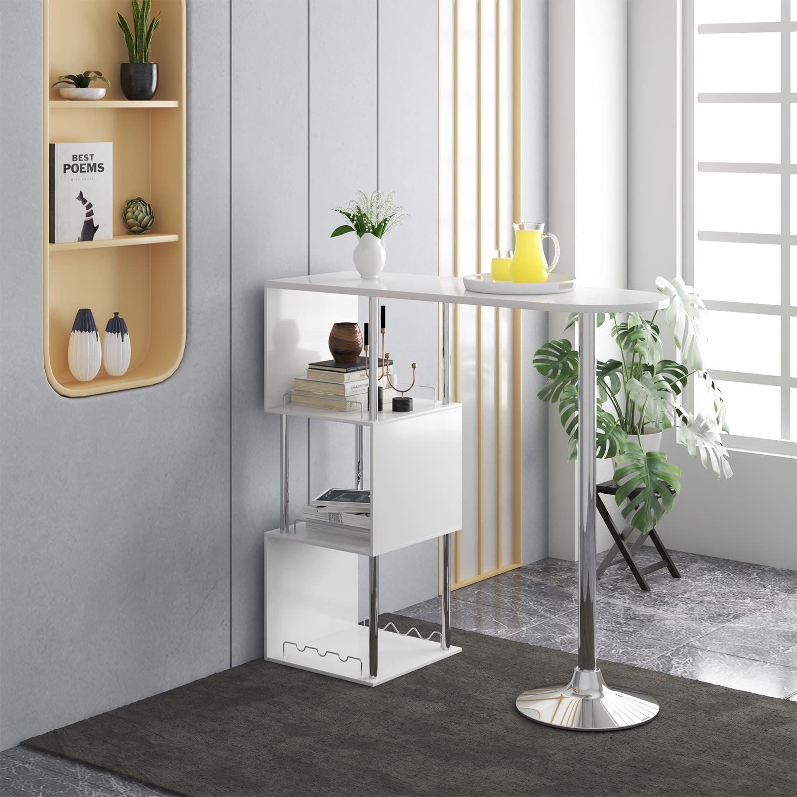 WOLTU Table de Bar avec 3 Tablettes et Porte-Bouteilles, Table de Cuisine Haute en MDF et Métal, Mange Debout pour Bar, Cuisine, Salon, 113 x 40 x 105 cm, Blanc