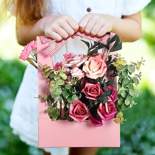Miniatura 7 de Teling 12 cajas de flores para arreglos, bolsas de flores para ramos de flores, bolsa de regalo de flores de papel, portátil, impermeable, con asa,