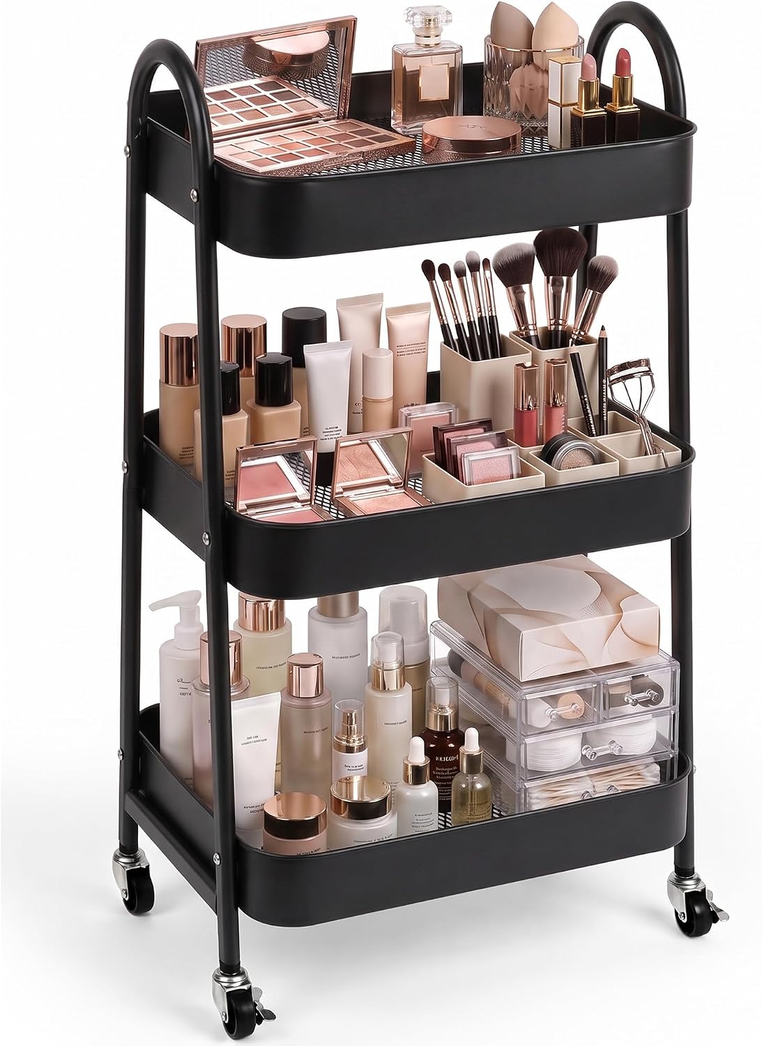 Booklov Rolling Makeup Cart Organizer, 3 Tier Utility Storage Cart, Black