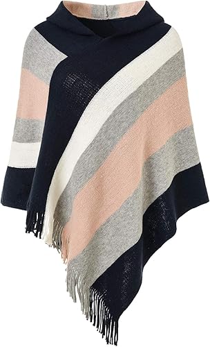 Ferand - Suéter tipo poncho a rayas para mujer, estilo casual, chal con flecos versátiles