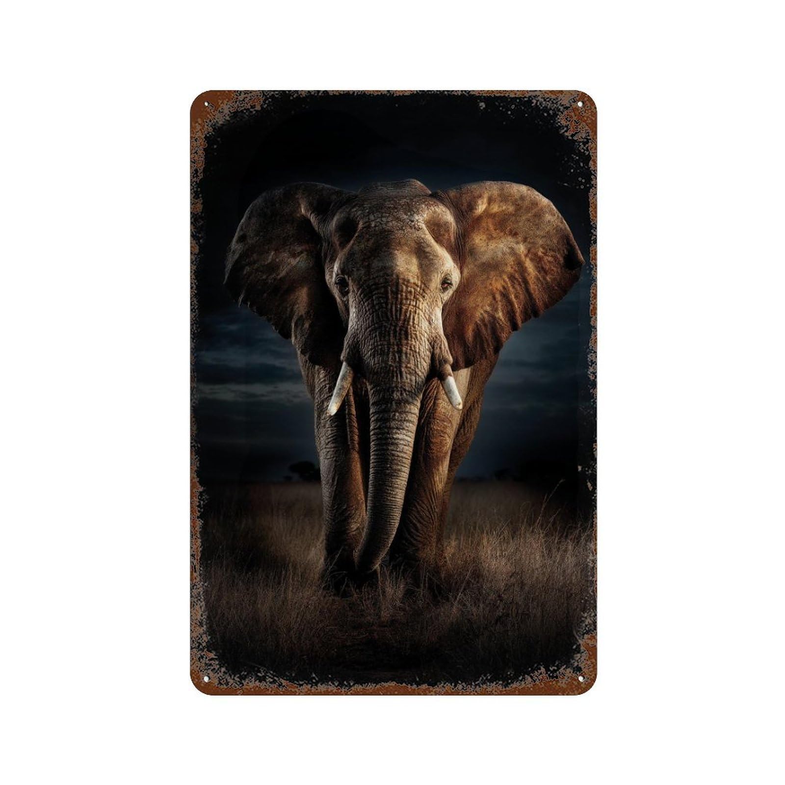 African Elephant in Grassland 11.8"x7.9" Distressed Metal Wall Sign, Shabby Chic Decor for Shed, Workshop And Garage Wall Decor