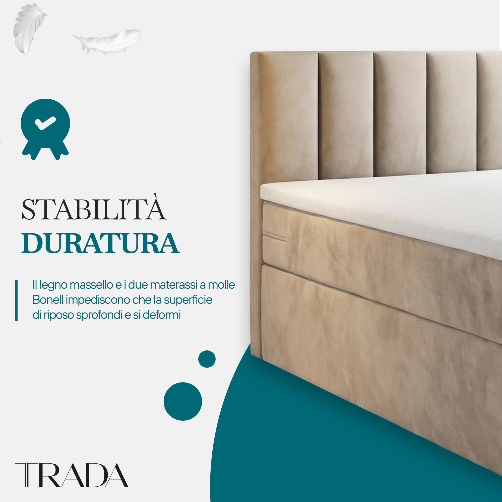 TRADA Letto Contenitore Matrimoniale con Contenitori e Materasso Pocket H3 - Elegante Letto PALERMO con Materasso e Topper - Beige - 180 x 200 cm