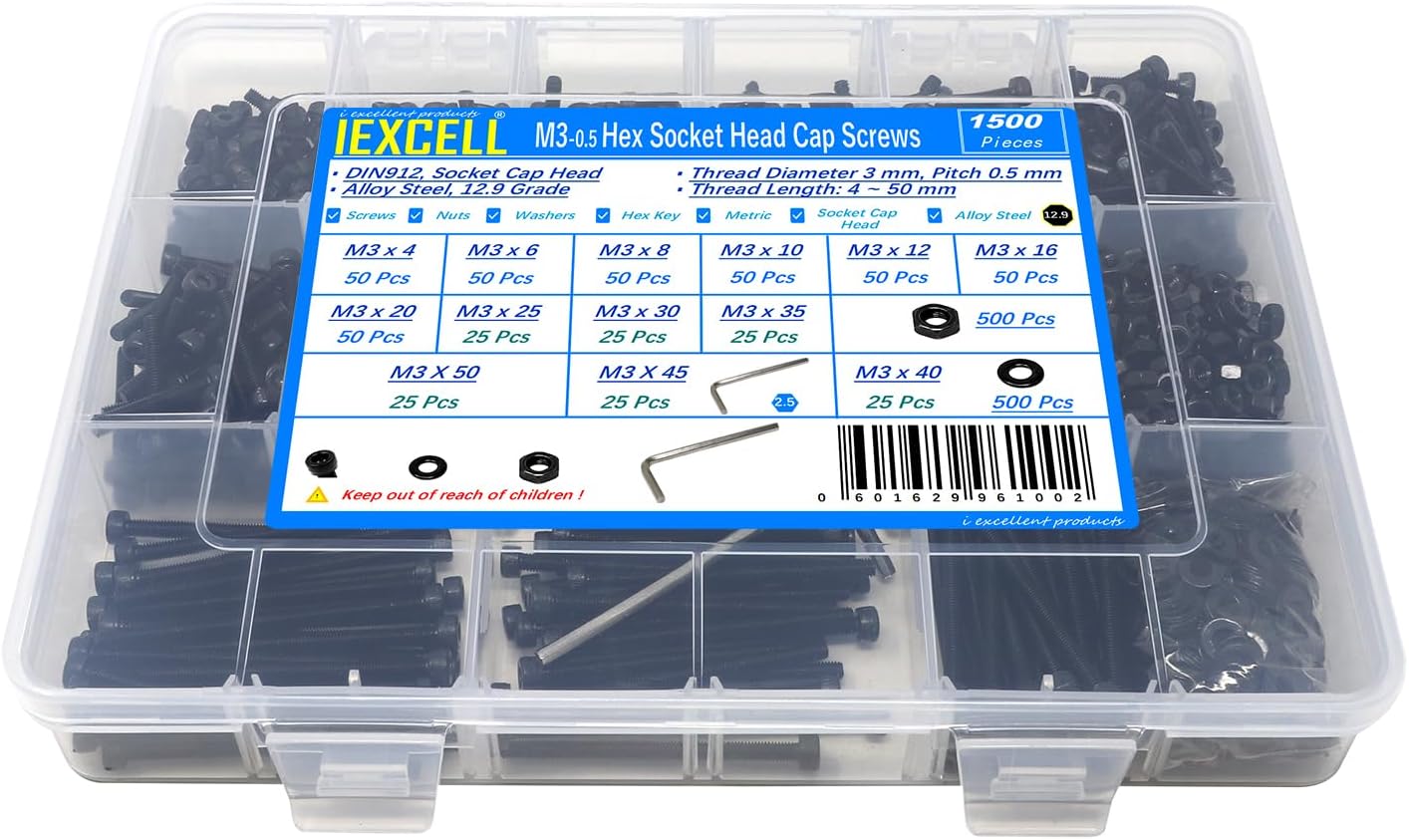 iexcell 1500 Pcs M3 x 4/6/8/10/12/16/20/25/30/35/40/45/50 Alloy Steel 12.9 Grade Hex Socket Head Cap Screws Bolts Nuts Washers Assortment Kit, Black Oxide Finish