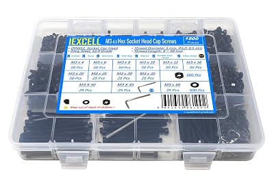 iexcell 1500 Pcs M3 x 4/6/8/10/12/16/20/25/30/35/40/45/50 Alloy Steel 12.9 Grade Hex Socket Head Cap Screws Bolts Nuts Washers Assortment Kit, Black Oxide Finish