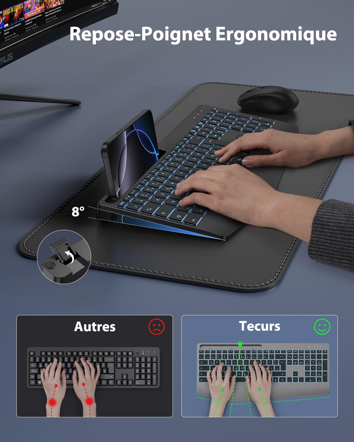 TECURS Clavier sans Fil 2,4 GHz AZERTY Français avec Repose-Poignet, Noir