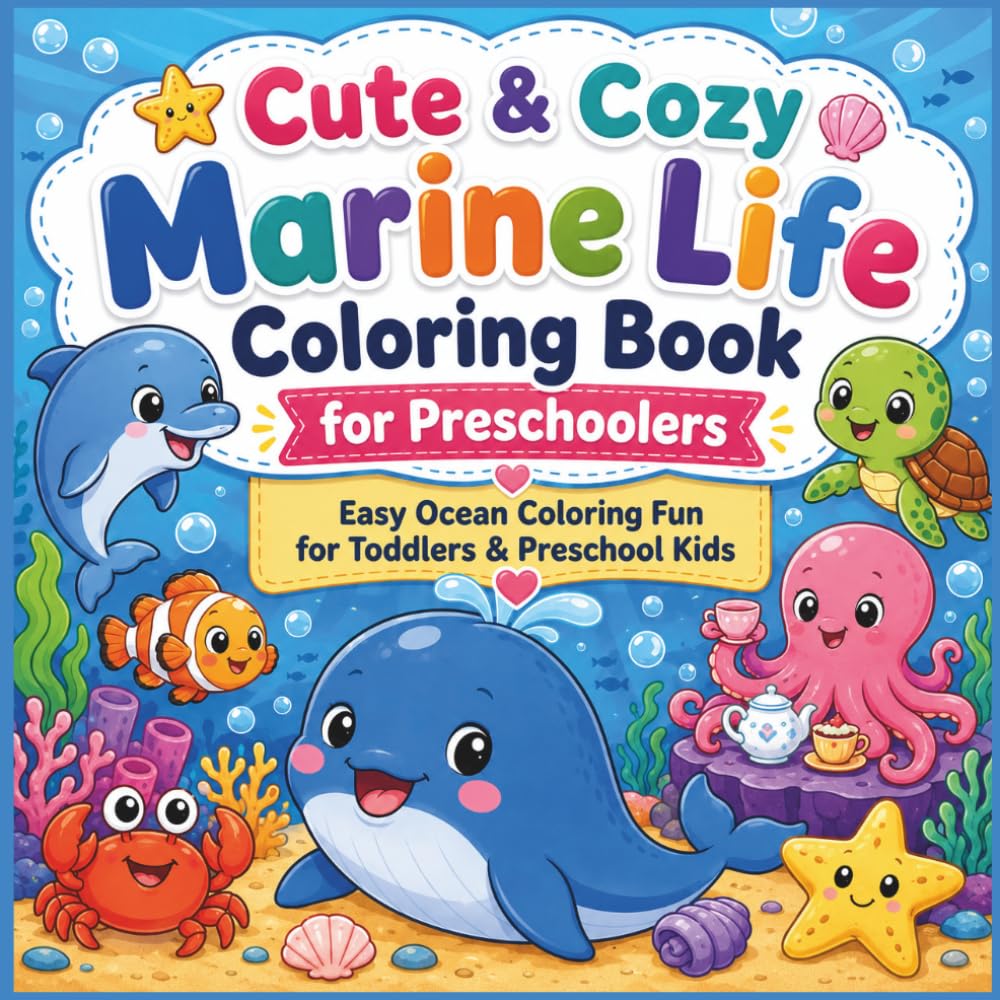 Cute & Cozy Marine Life Coloring Book for Preschoolers: Easy Ocean Coloring Fun for Toddlers & Preschool Kids