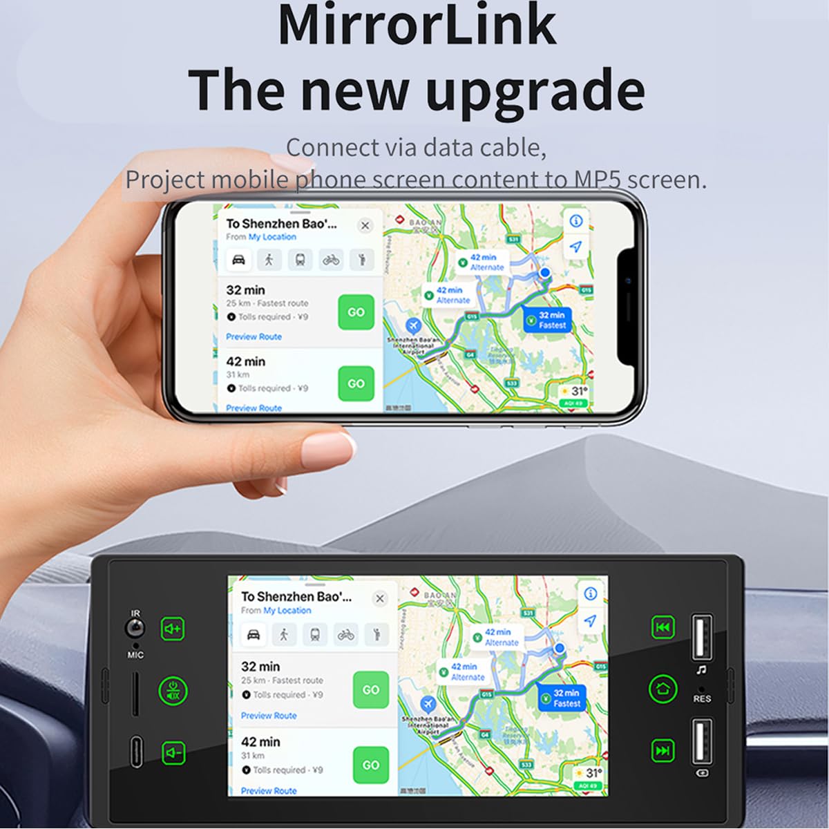 Samochodowe radio pojedyncze DIN z 5-calowym ekranem dotykowym, kompatybilne z CarPlay Android Auto, Bluetooth, ekranem dotykowym, radiem FM Mirror Link, typem C, szybkim ładowaniem USB 2.1A