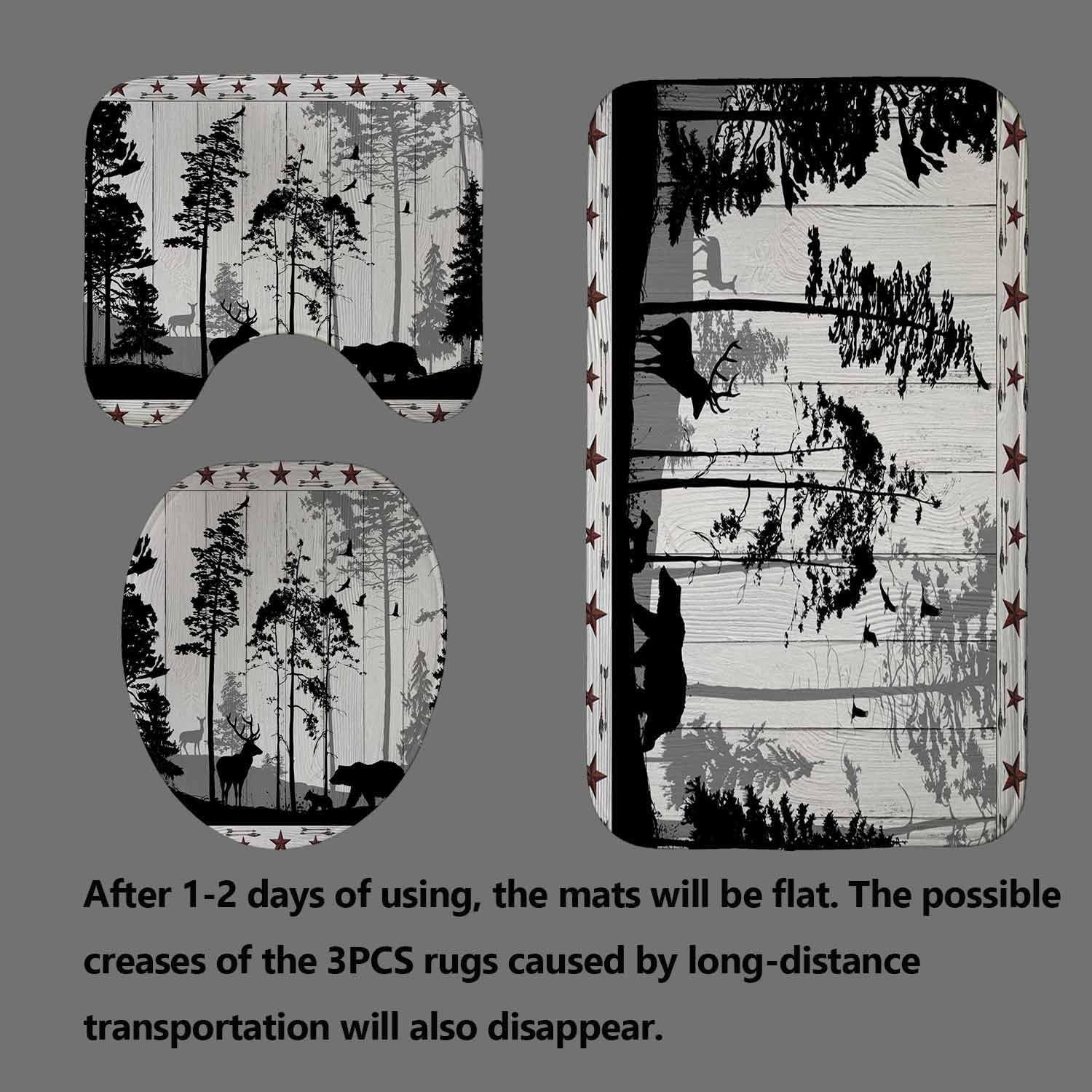 4PCS Bear Deer Shower Curtain Sets with Rugs, Waterproof Fabric Black and White Shower Curtain, Rustic Cabin Forest Animals Wildlife Hunting Lodge Texas Star Country Farmhouse Bathroom Decor