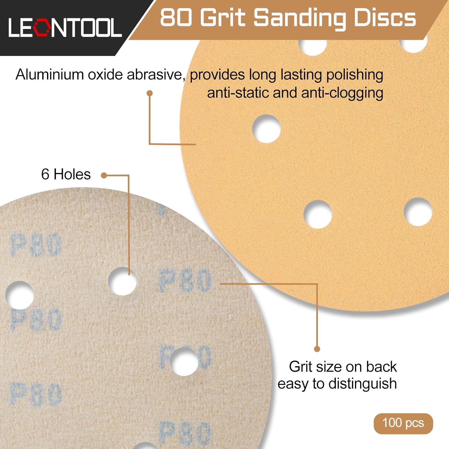 100 Pcs Dustless Hook and Loop Sanding Discs 6 Inches 6 Hole Round 80 Grit Sandpaper for Random Orbital Sander Glass Metal Automotive Polishing
