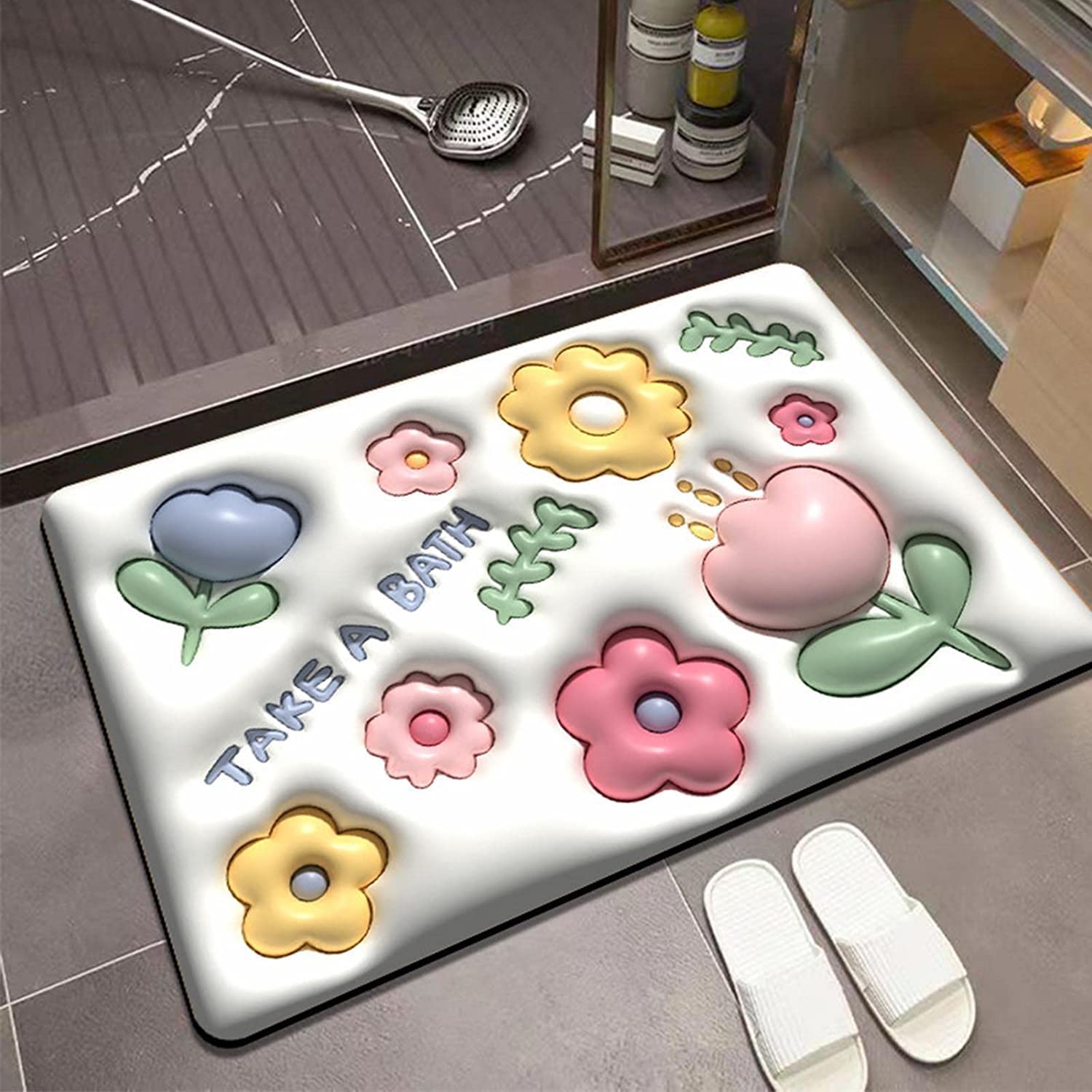 TEZURTH 3D Visual Anti-Slip Absorbent Mat, Quick Drying Non-Slip Bath Mat, 3D Sense of Swelling Small Flower Soft Diatom Mud Super Absorbent Bath Mat-image-0
