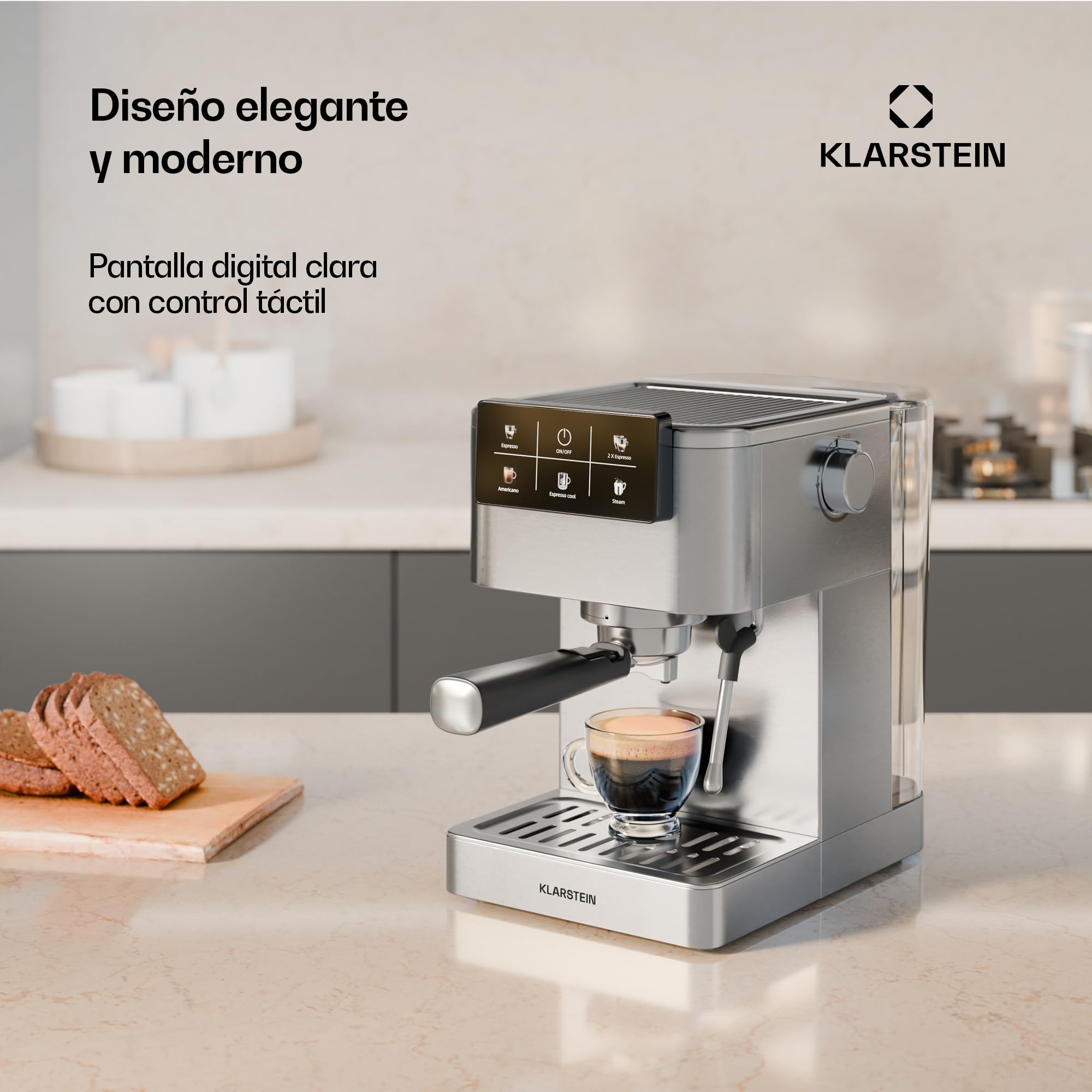 KLARSTEIN SteelPresso Touch Cafetera Espresso – 20 Bares, 1350W, Pantalla Táctil, Espumador de Leche, Depósito 1.5L, Acero Inoxidable, Máquina Café, Diseño Compacto