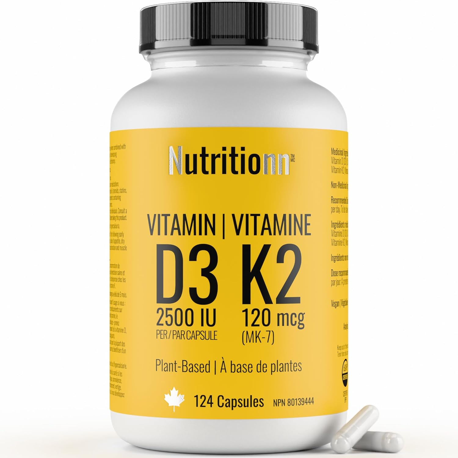 Vitamin D3 K2 Supplement - 2500 IU D3, 120 mcg K2 MK7 x 124 Capsules - Plant-Based, Vegan - Prevents Deficiency, Supports Bone Health in Women and Men - Made in Canada, Third-Party Tested - Nutritionn