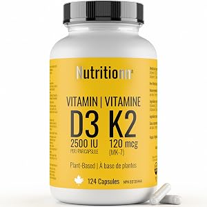 Vitamin D3 K2 Supplement - 2500 IU D3, 120 mcg K2 MK7 x 124 Capsules - Plant-Based, Vegan - Prevents Deficiency, Supports Bone Health in Women and Men - Made in Canada, Third-Party Tested - Nutritionn