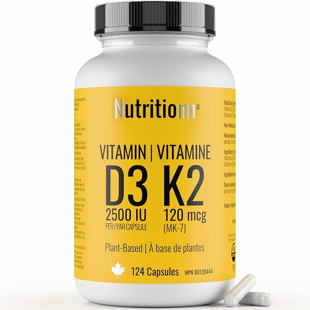 Vitamin D3 K2 Supplement - 2500 IU D3, 120 mcg K2 MK7 x 124 Capsules - Plant-Based, Vegan - Prevents Deficiency, Supports Bone Health in Women and Men - Made in Canada, Third-Party Tested - Nutritionn