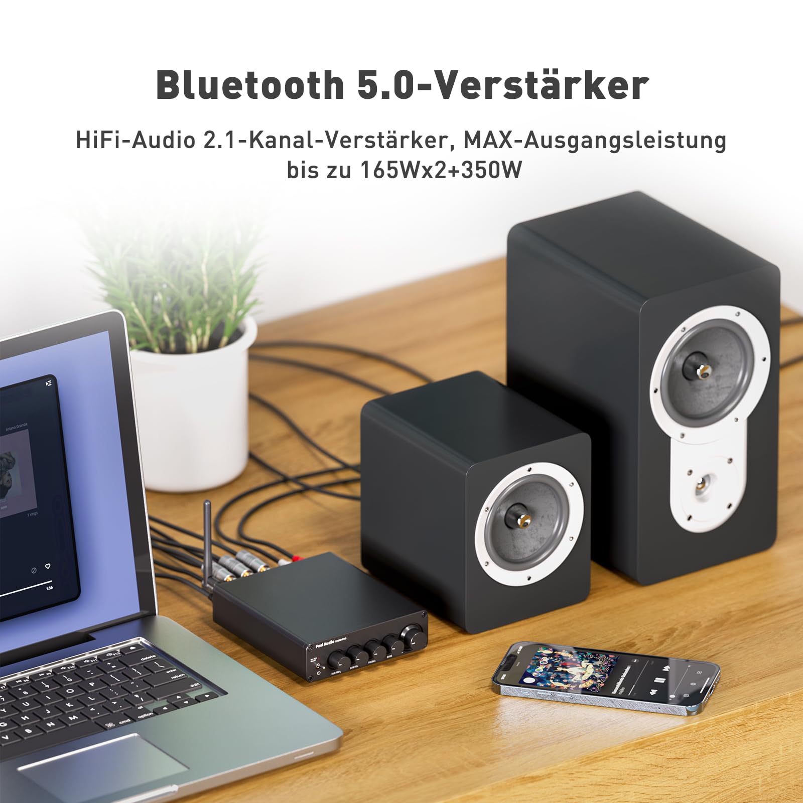 Fosi Audio BT30D Pro Bluetooth Verstärker 2.1 Kanal, Mini HiFi Verstärker TPA3255 165W x2+350W Bass-Höhenregler