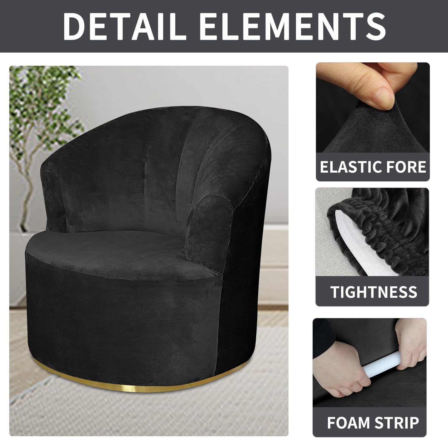 Velvet Swivel Barrel Chair slipcover, Soft Solid Swivel Accent Chair,Modern Barrel Chair Slipcover, Round Club Armchair Cover (Black)