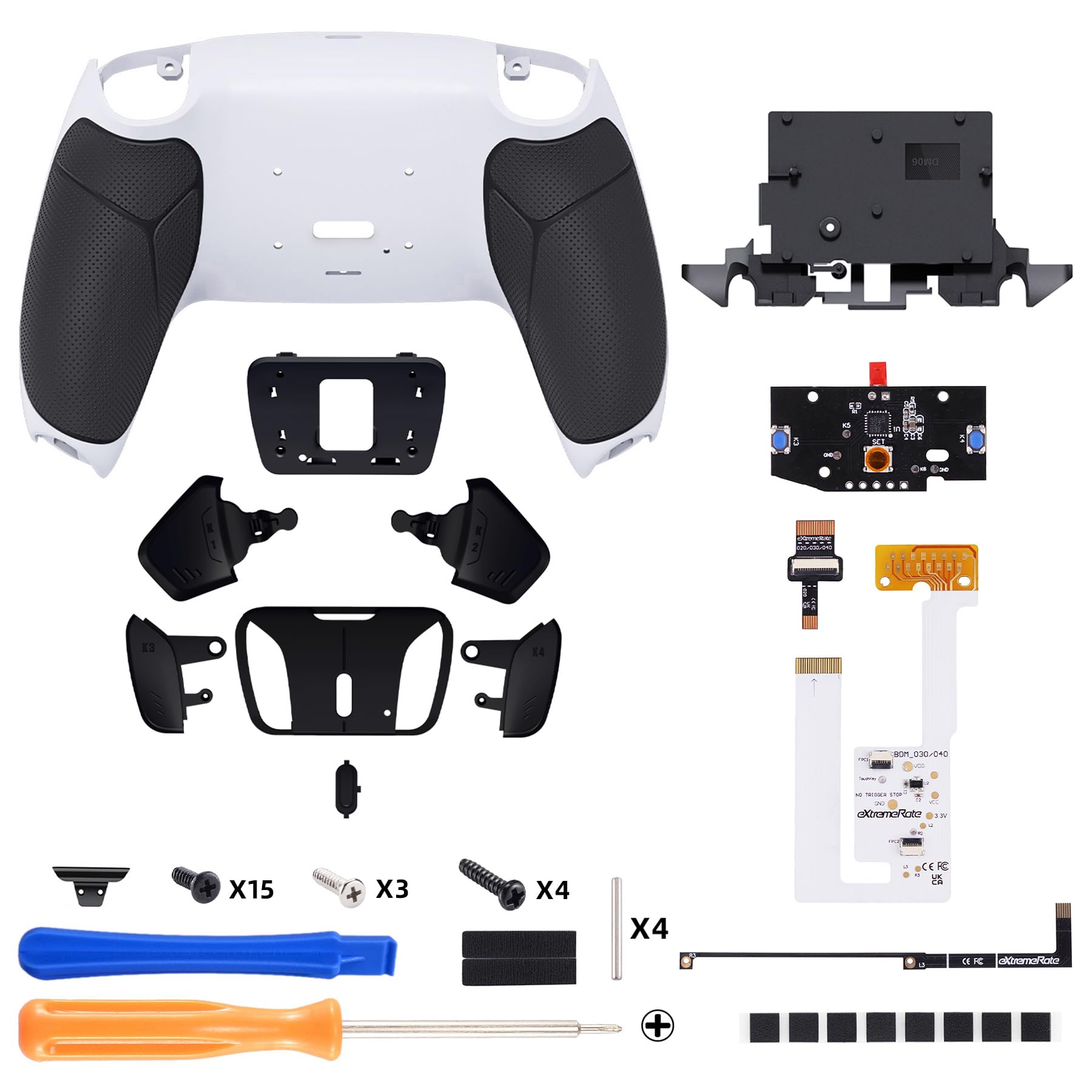 eXtremeRate RISE4 V4 Remap Kit pour ps5 Manette BDM-030/040/050/060, Coque Arrière Redessinée avec 4 Palette pour ps5 Controller BDM-030/040/050/060, Carte améliorée, Fond Blanc et Noir