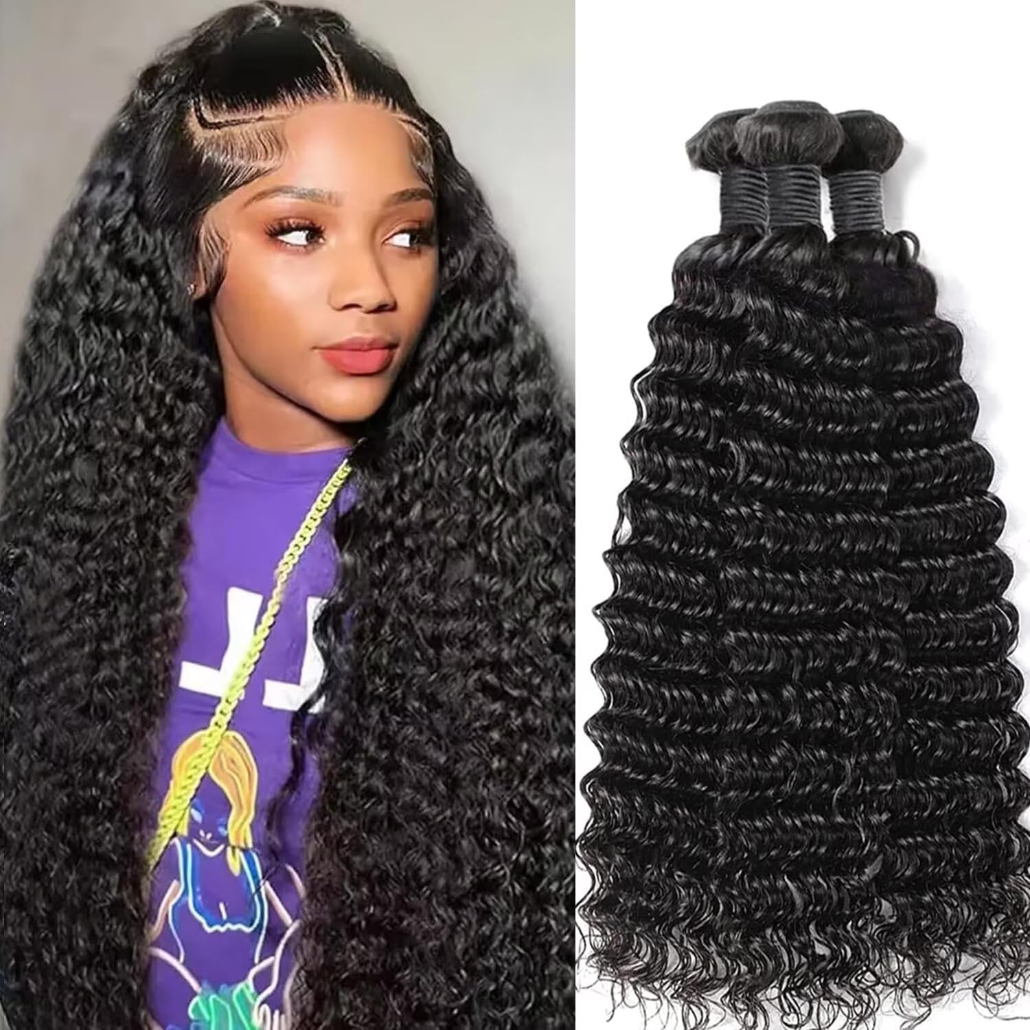 Qunatuma Human Hair Curly Deep Wave Bundles 12A 100% Unprocessed Brazilian Virgin Weave 3 Bundles 18-22 Inch Black Wig