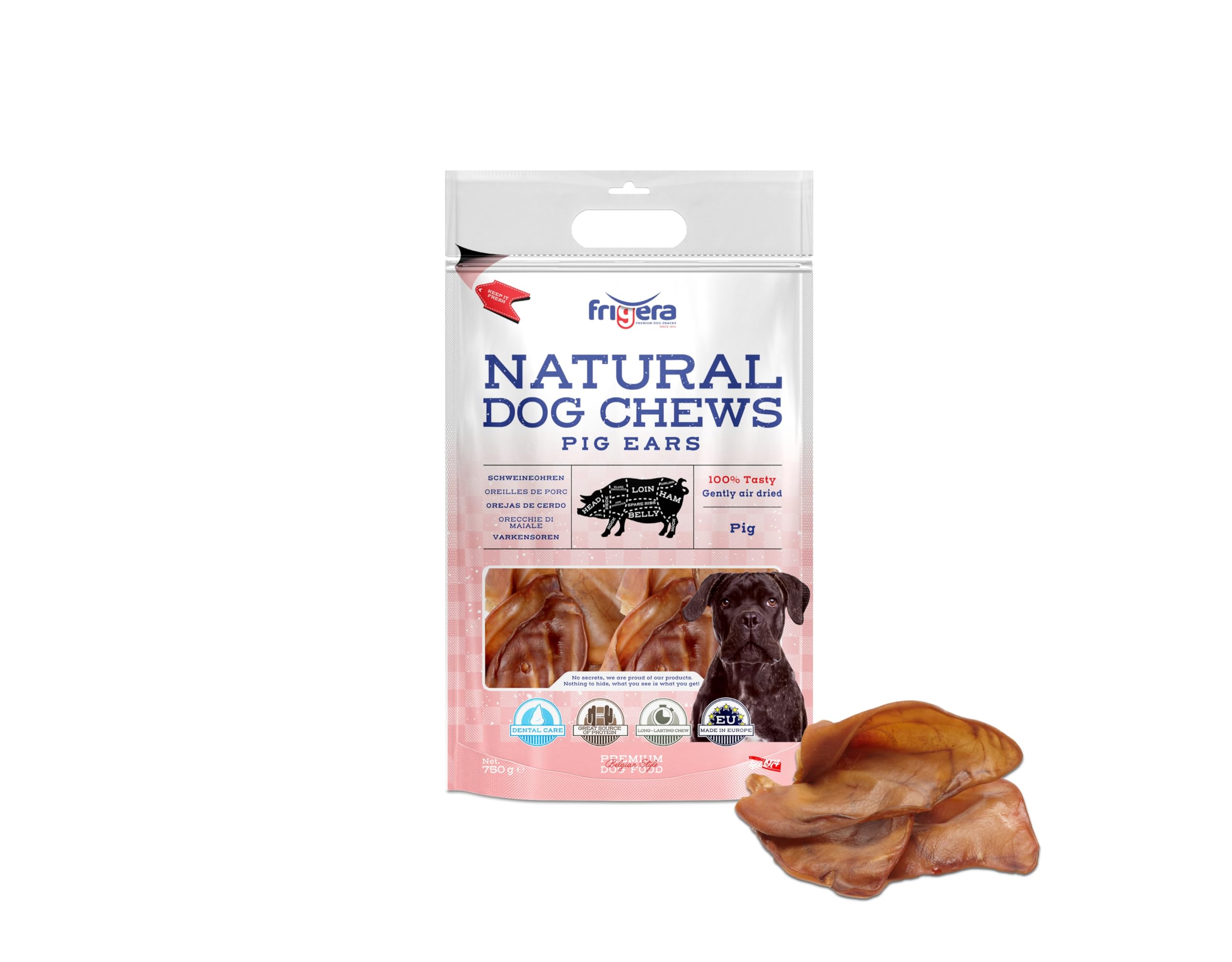 Frigera Pig ears 750g – Natural dog snacks, Protein-rich, Gluten- and Grainfree, Long-lasting chew