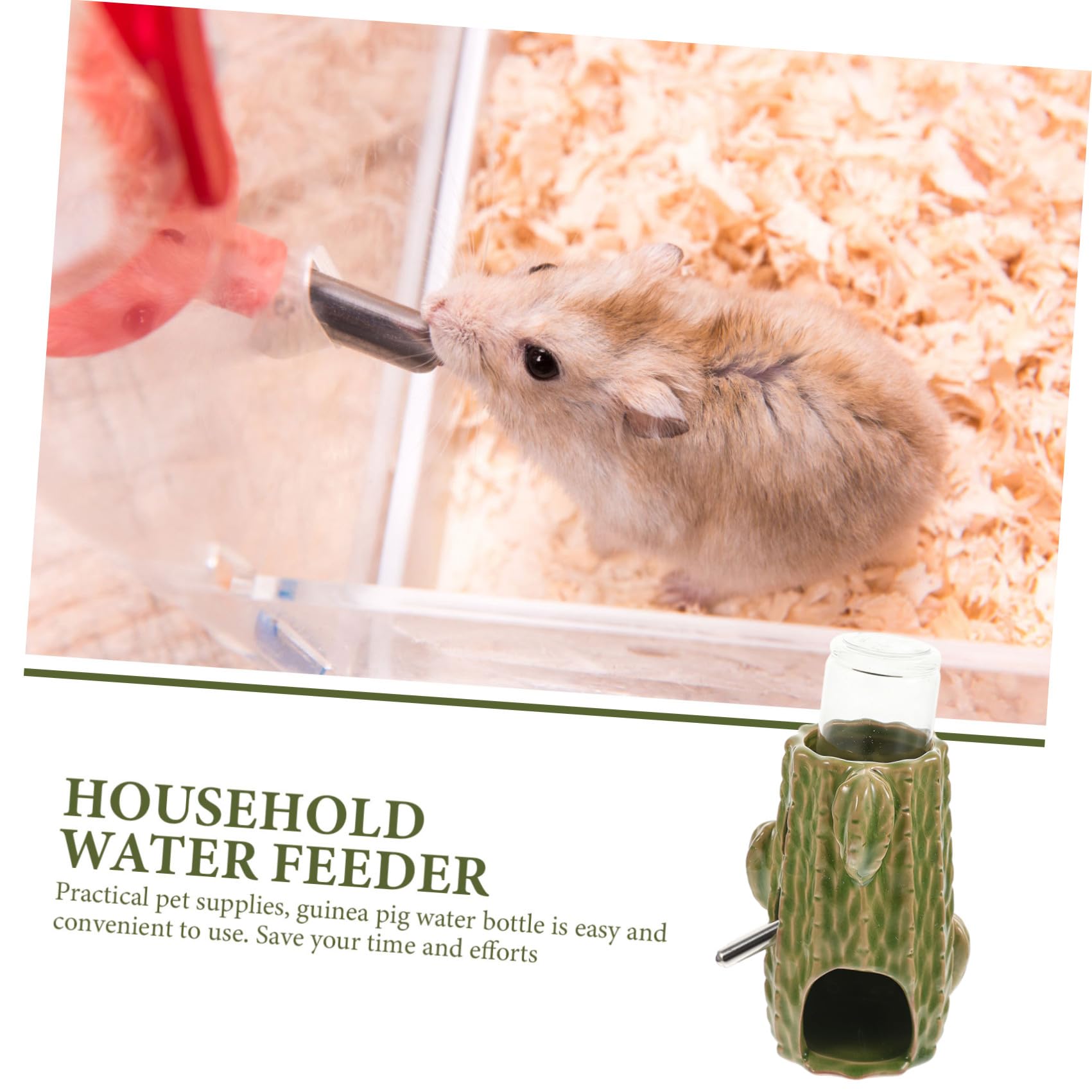 ABOOFAN Keramik Hamster Wasserflasche 80ml mit Grünem Cactus Design und Verstellbarem Ständer Vertikale Chinchilla Tränke für Kleintiere und Meerschweinchen