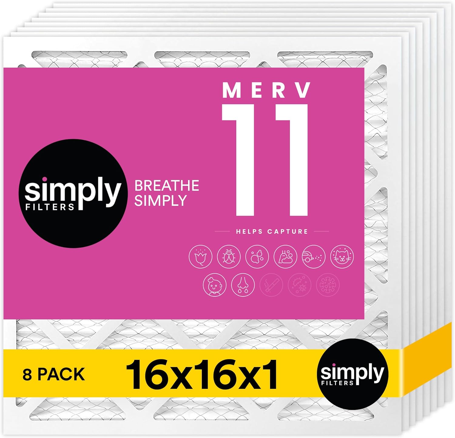 Simply 16x16x1 Air Filter, MERV 11, 8 Pack, For Home AC Furnace & HVAC (Actual Size: 15.75"x15.75"x0.75") DUST, Pet, & Allergy Control