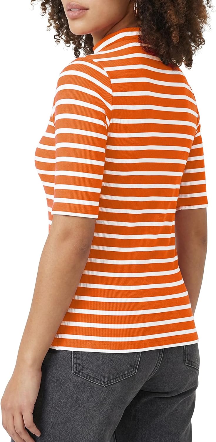 Zengjo Women‘s Striped Shirt Mock Neck Elbow Length Slim Fitted Short Sleeve Ribbed Turtleneck Tops - Image 4