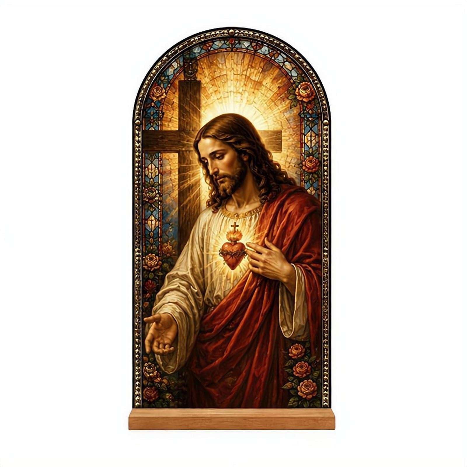 Sacred Heart of Jesus Statue, Jesus Stand Catholic Ornament Statue, Acrylic Tabletop Décor for Home Altar & Desk, Christian Gifts for Father's Day