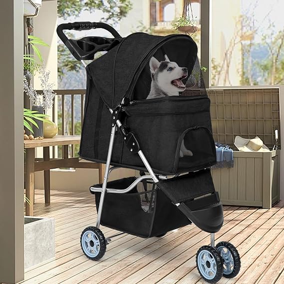 BestPet Pet Stroller Dog Cat Jogger Stroller for Medium Small Dogs Cats Folding Lightweight Travel Stroller with Cup Holder (Black, 3 Wheels)