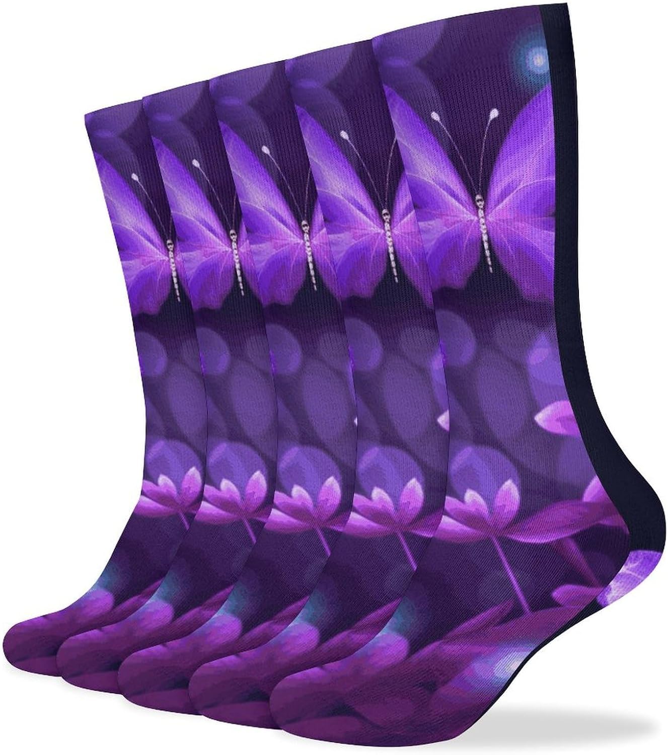 Lovely Purple Crew Socks Cozy Casual Calf Socks Lightweight Long Work Sock Breathable Athletic Sock for Hiking Sports Running 5 Pairs