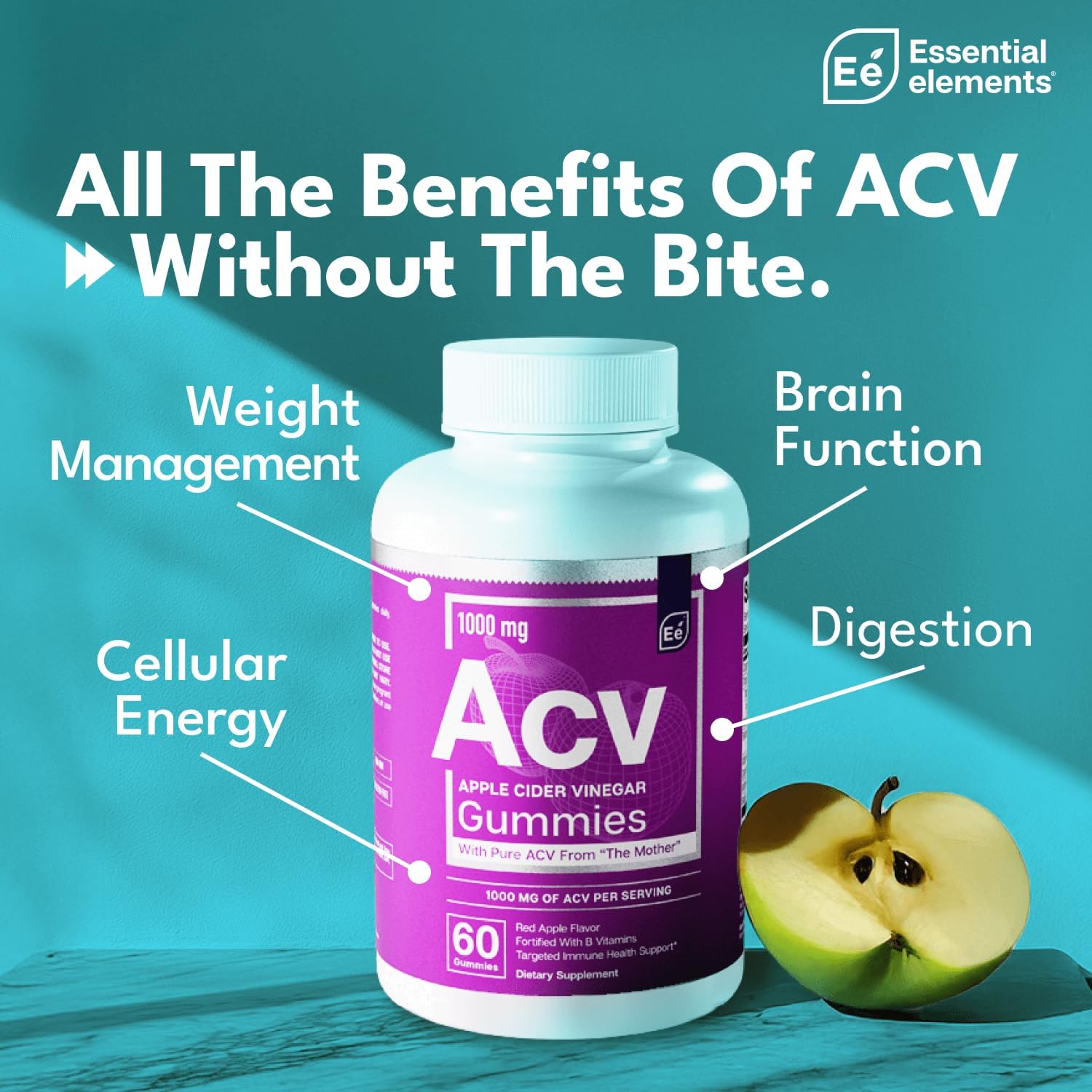 Essential Elements Apple Cider Vinegar Gummies from The Mother - Naturally-Sourced, Vegan ACV with Folic Acid and Vitamin B6 & B12 60 Count