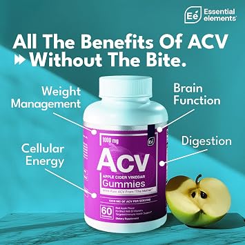 Essential Elements Apple Cider Vinegar Gummies from The Mother - Naturally-Sourced, Vegan ACV with Folic Acid and Vitamin B6 & B12 60 Count