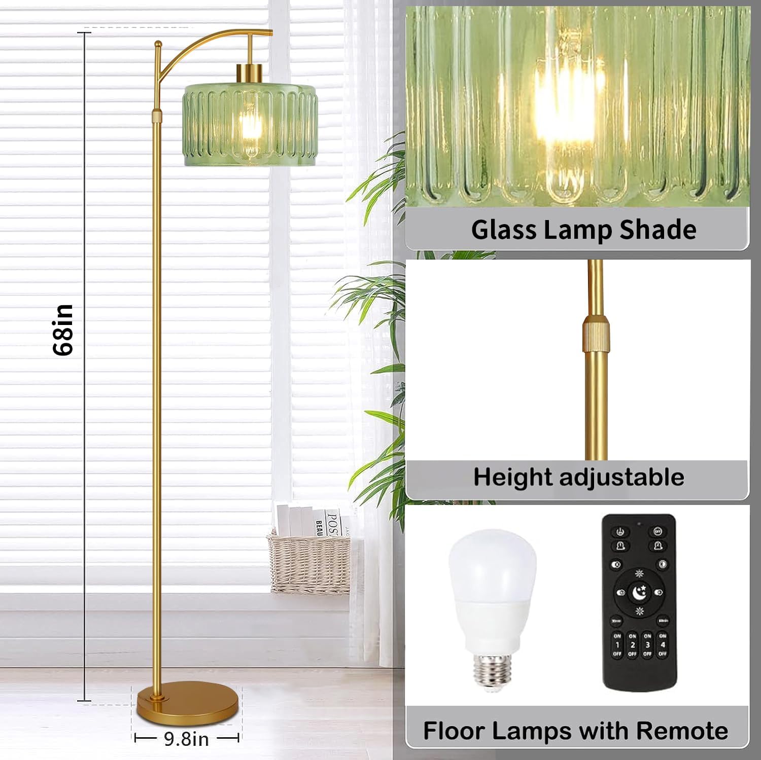 Floor Lamp for Living Room,Bedroom,Gold Dimmable Standing Lamp with Remote,Mid Century Modern Brass Tall Lamp Retro Vintage Glass Lamp Floor Light Boho Bohemian