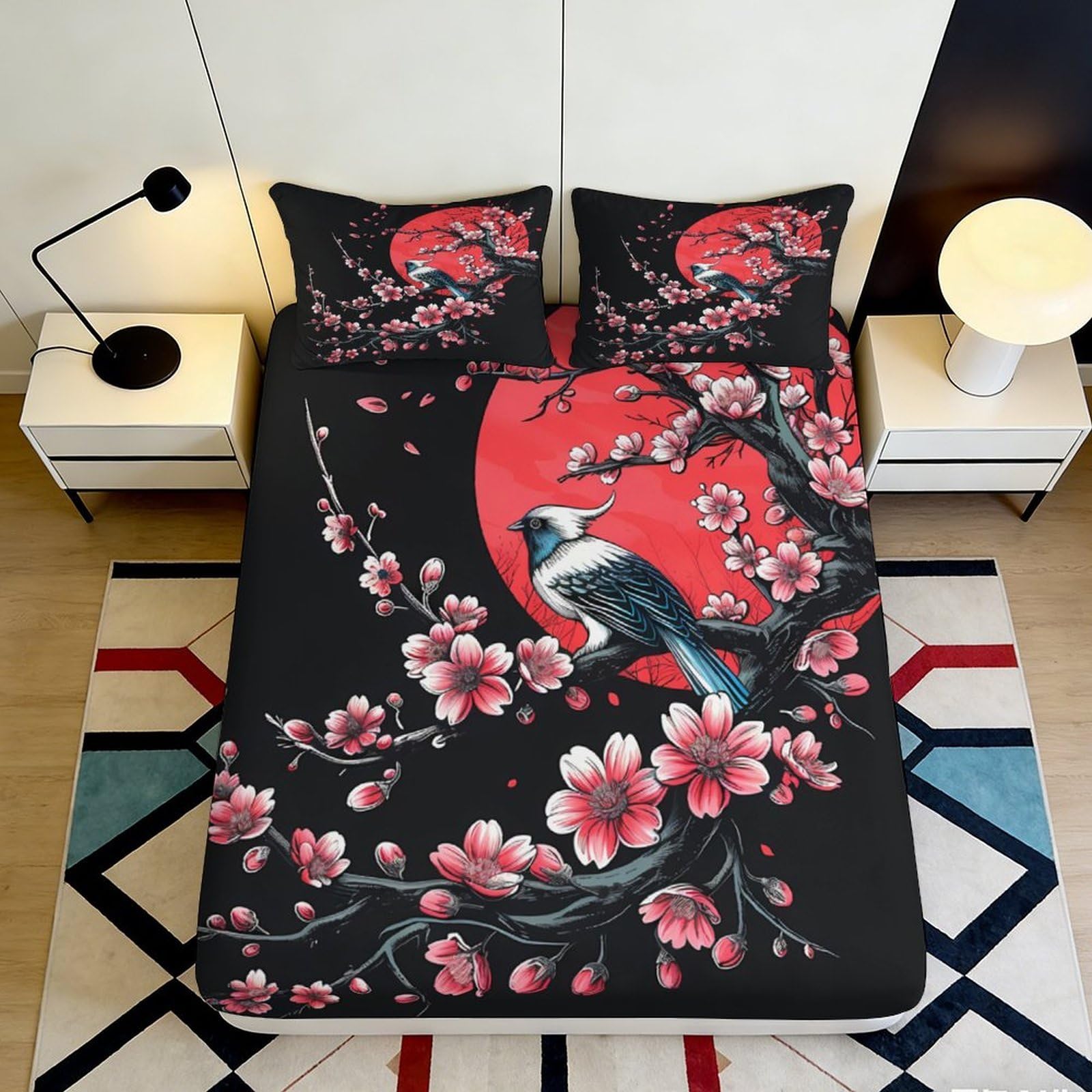 Pnayamiorkfel Style-4 3D Printed Sakura Bird Fitted Sheet Microfiber Soft Black Red Cherry Blossom Bed Cover For Bedroom Guest Room Decor 90X200x25cm