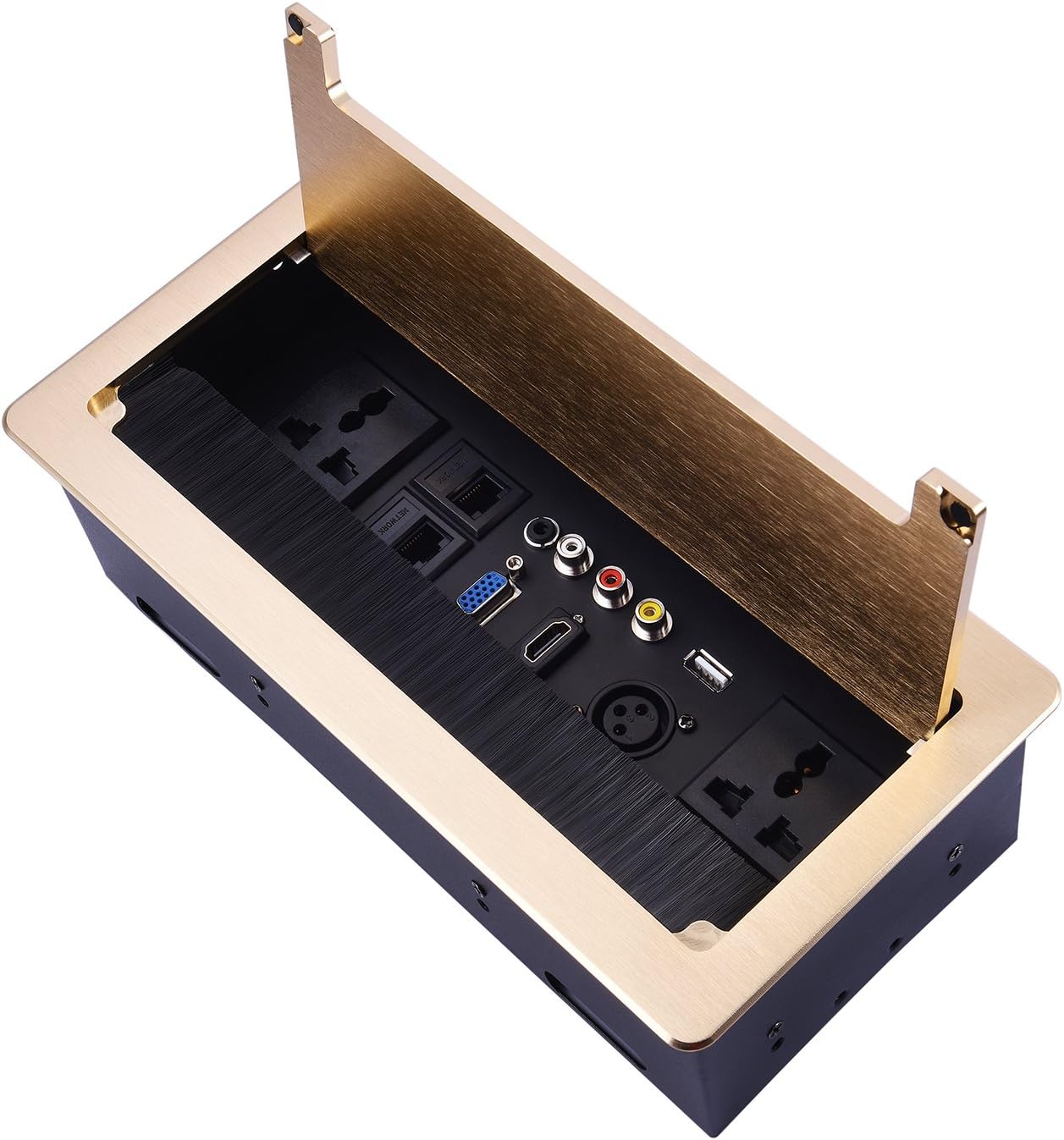 brush clamshell desktop socket / aluminum wire drawing panel /Universal power Tabletop socket /VGA, 3.5 audio, HDMI, USB,video, network,RJ45 XLR connector Information outlet box (golden)