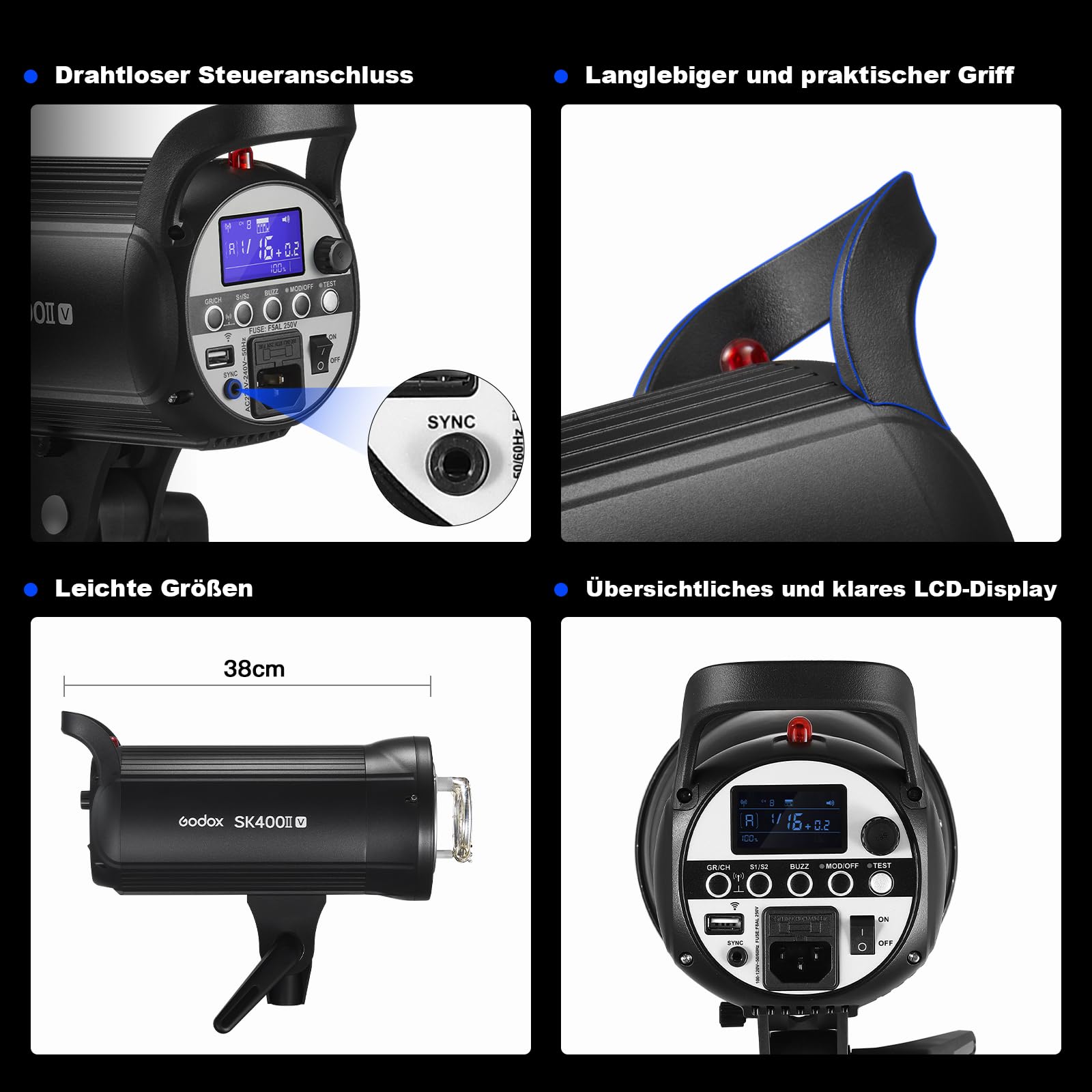 GODOX SK400II-V Flash da Studio Stroboscopico SK400II-V Bowens Mount,400W,Sistema X Wireless 2.4G,5600±200K,Lampada per Modellazione LED con Montaggio Bowens per Studio (SK400II Versione Aggiornata)