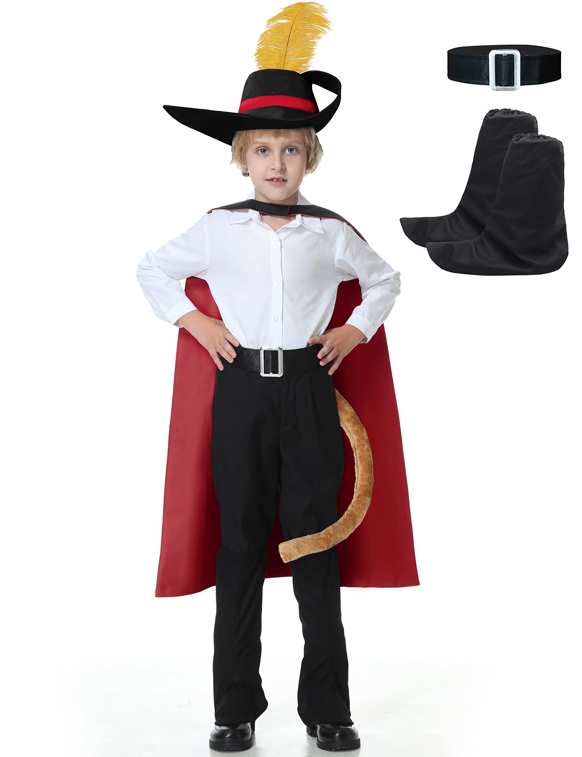 Lydoesy Kids Puss Costume Cosplay Outfits Cat Boots Cape with Hat Tail Belt Boot Covers for Boys Girls Halloween Party (Cape+Hat+Belt+Tail+Boots Cover, 130)
