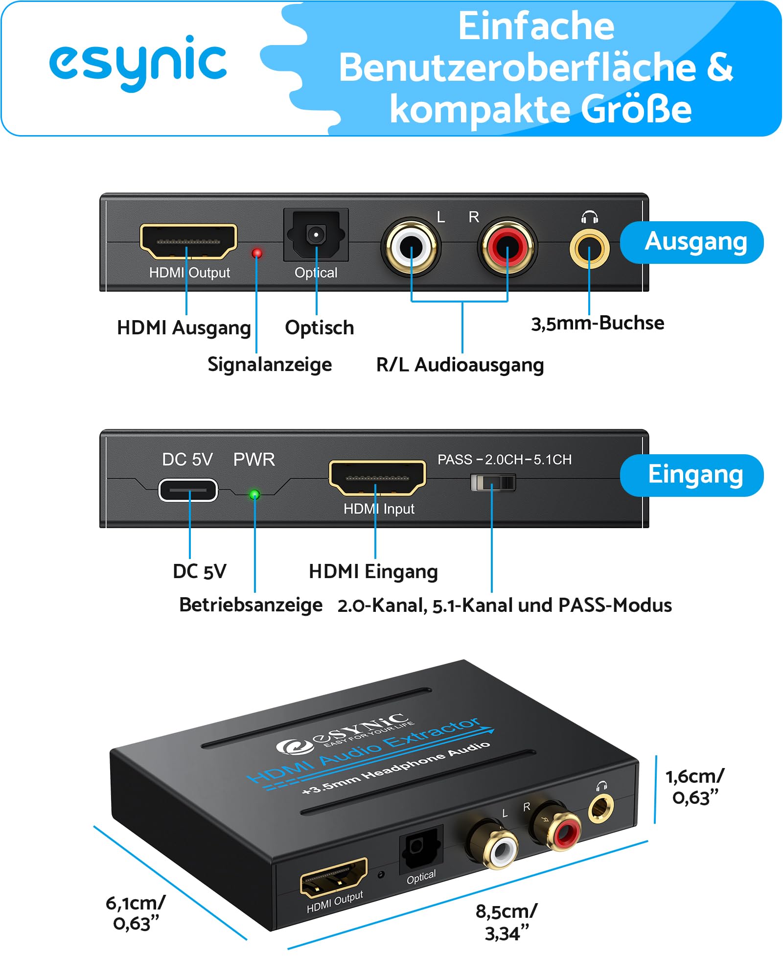 eSynic Professioneller HDMI-Audio-Extraktor, 4K-HDMI-Optischer Adapter, Audio-Splitter mit SPDIF, L/R und 3,5 mm Ausgang für PCM2.0, Dolby, DTS5.1