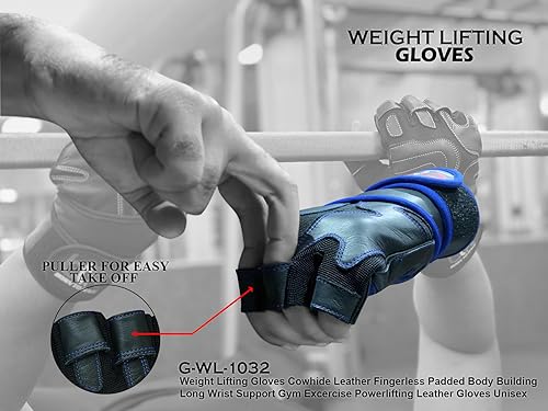 Miniatura 4 de BTR BORN TO RACE Guantes de levantamiento de pesas de cuero de vaca sin dedos acolchados para culturismo largo muñeca soporte gimnasio ejercicio