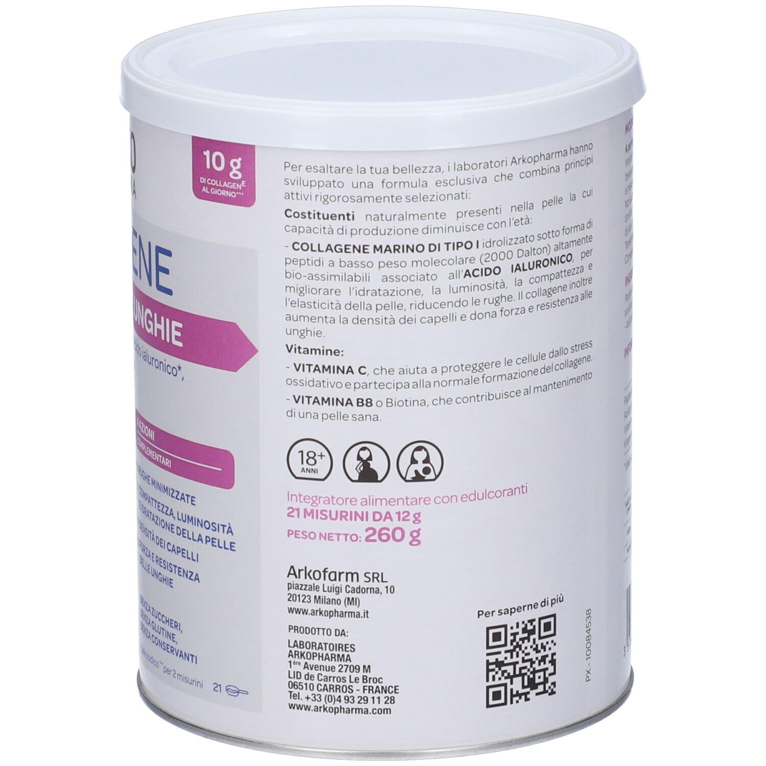 Arkopharma Collagene Capelli, Pelle e Unghie | Integratore Alimentare in Polvere, Collagene Marino con Acido Ialuronico, Vitamina C e Biotina - 1 Confezione da 260g