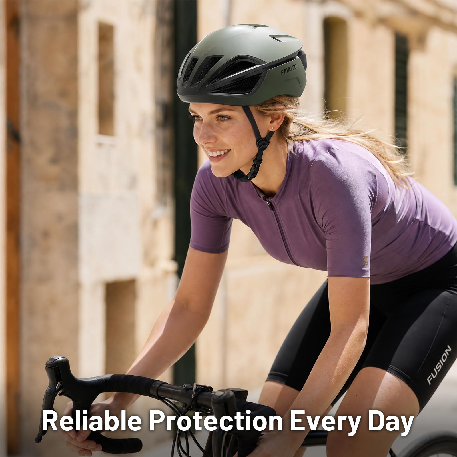 Favoto Kask rowerowy, kask miejski, lekki, stabilny i regulowany, z materiału EPS z 15 otworami wentylacyjnymi, wyściółka wewnętrzna, zdejmowana, matowa, zielona, rozmiar L (59-61 cm)