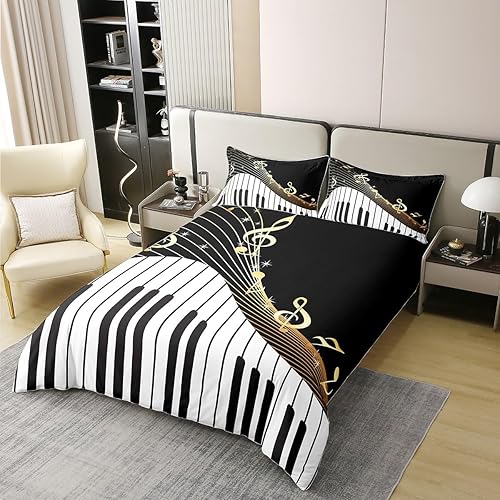 Miniatura 3 de Juego de funda de edredón de 100 % algodón, tamaño matrimonial, teclas de piano y teclado, funda de edredón clásica con melodía de música para