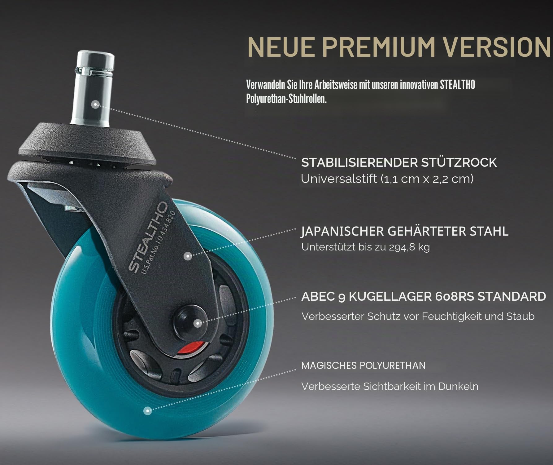 STEALTHO Robuste Bürostuhl-Rollen, Set mit 12,7 - 7,6 cm patentierten Rollen, für Hartholz, Fliesen, Teppich, SGS-geprüft, 295 kg Kapazität, ABEC-9-Kugellager, passend für 7/16 x 7/8 Vorbau, nicht